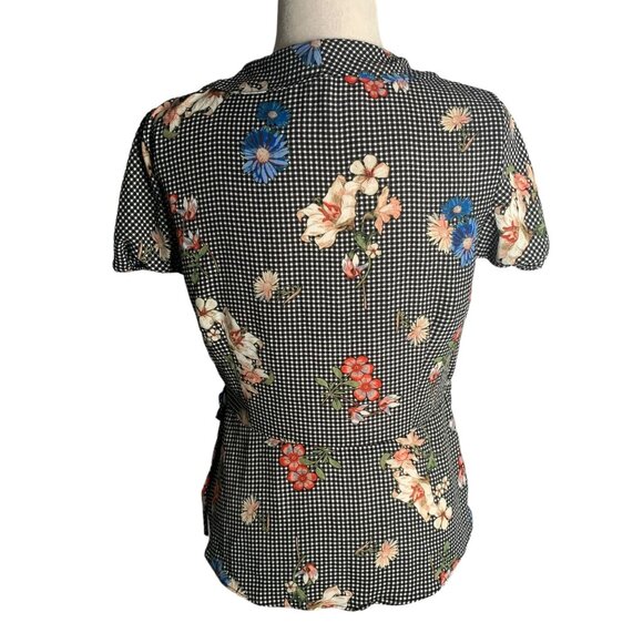 Maurices Black Checkered Wrap Top Medium Floral Ruffle Peplum Puff Sleeve - Picture 4 of 6